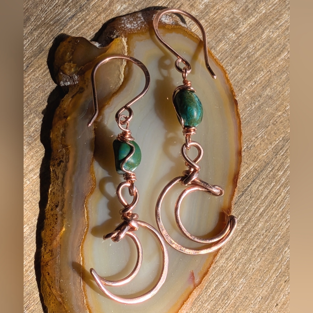 Dreamy Copper Moon Earrings Mediterranean Blue-Green Gemstones